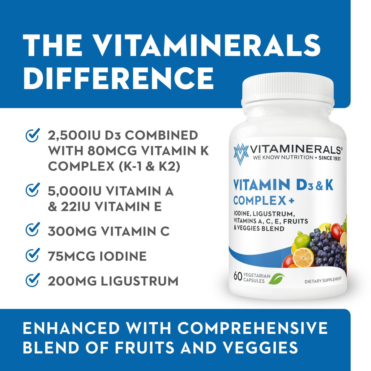 Vitaminerals Vitamin D3 + K Complex with Veggies & Fruits - 60 Capsules - image 2