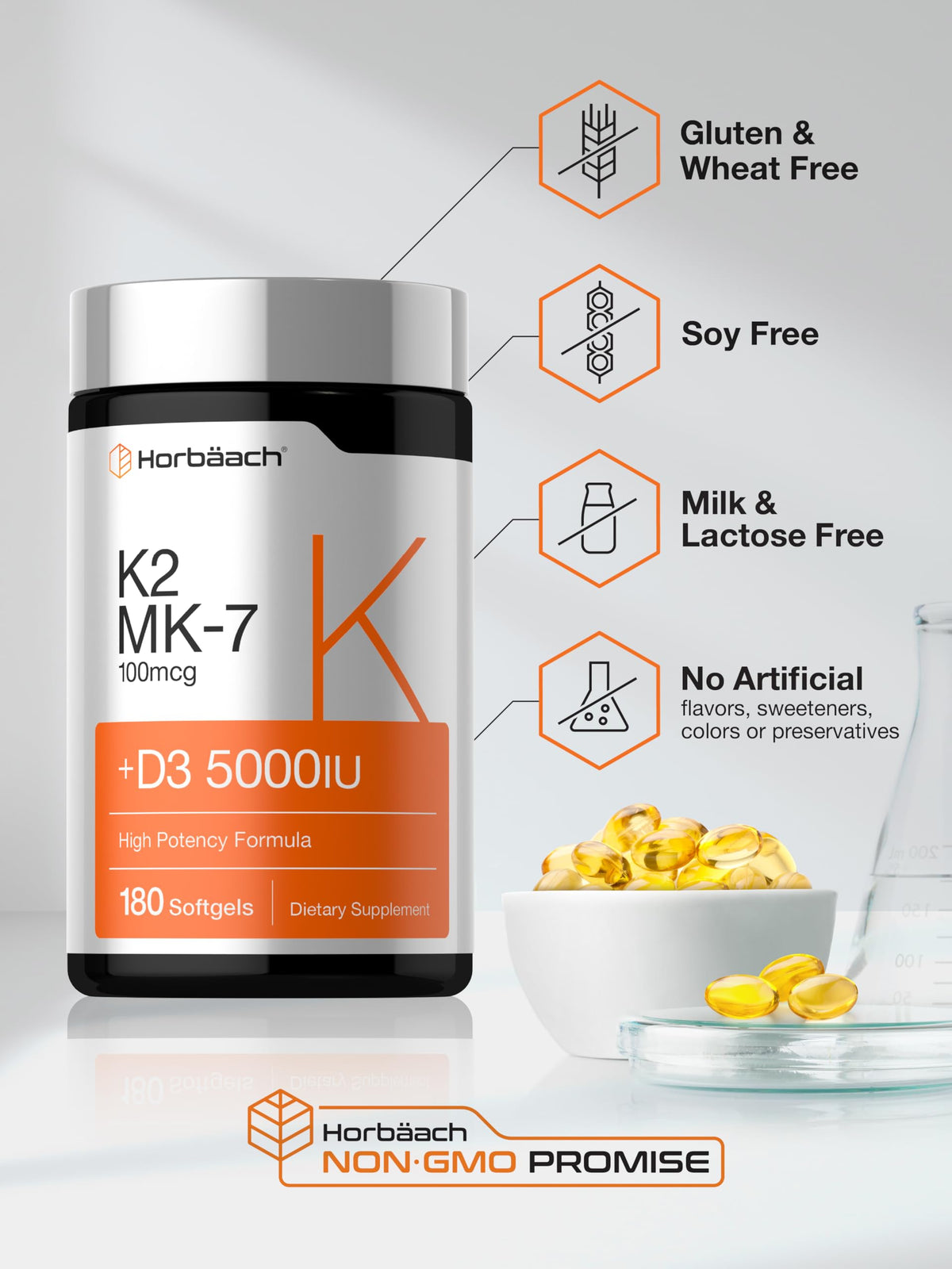 Horbäach Vitamin D3 K2 5000 IU with MK-7 - 180 Softgels - image 5
