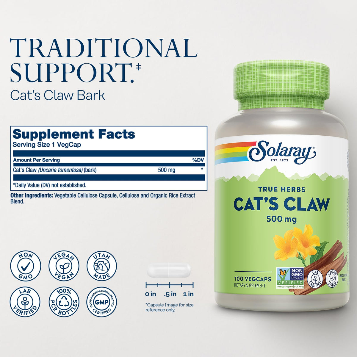 SOLARAY Cat's Claw Bark 500mg Immune & Joint Support - 100 Capsules - image 2