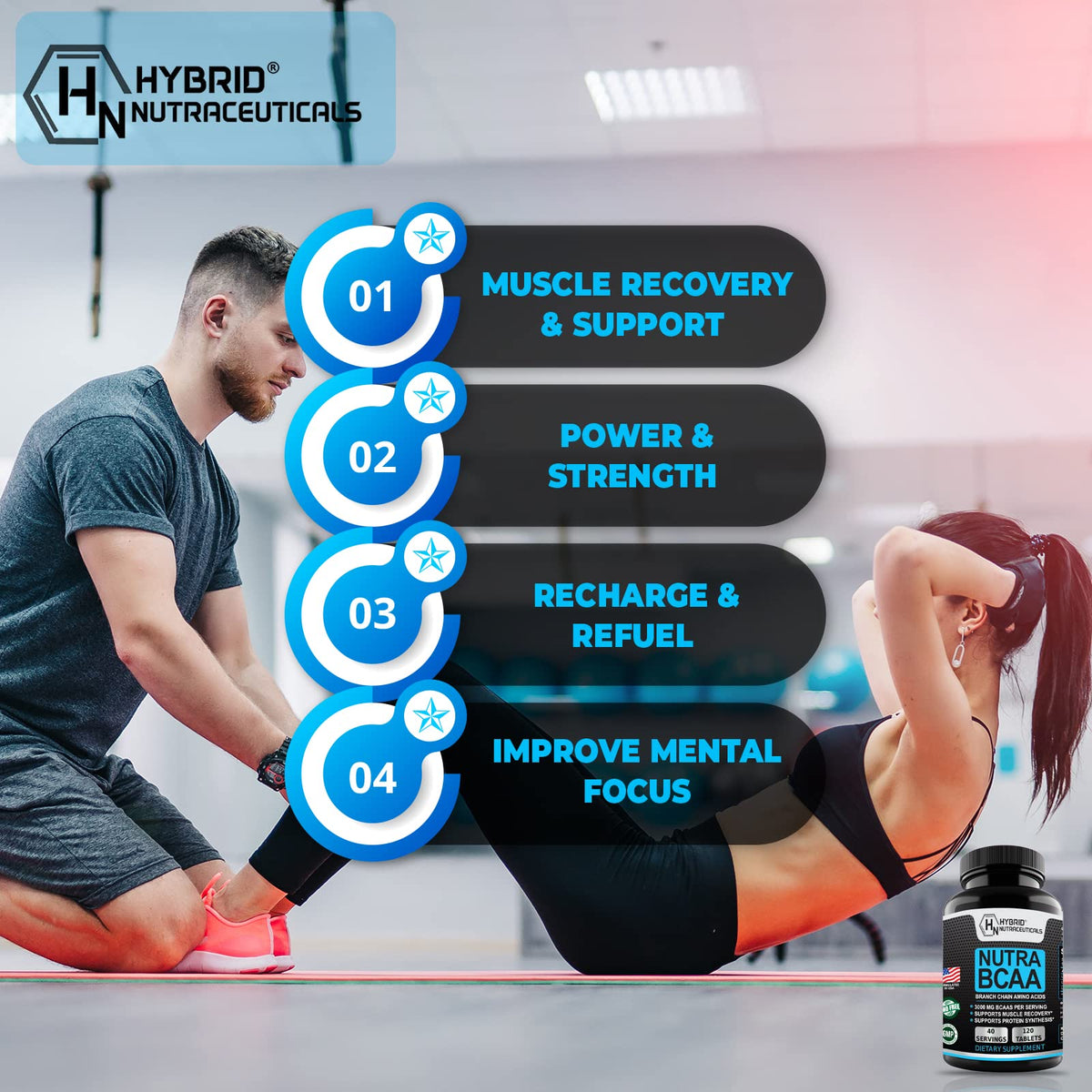 Hybrid Nutraceuticals Nutra BCAA 3000mg Branched Chain Amino Acids - 120 Tablets - image 4