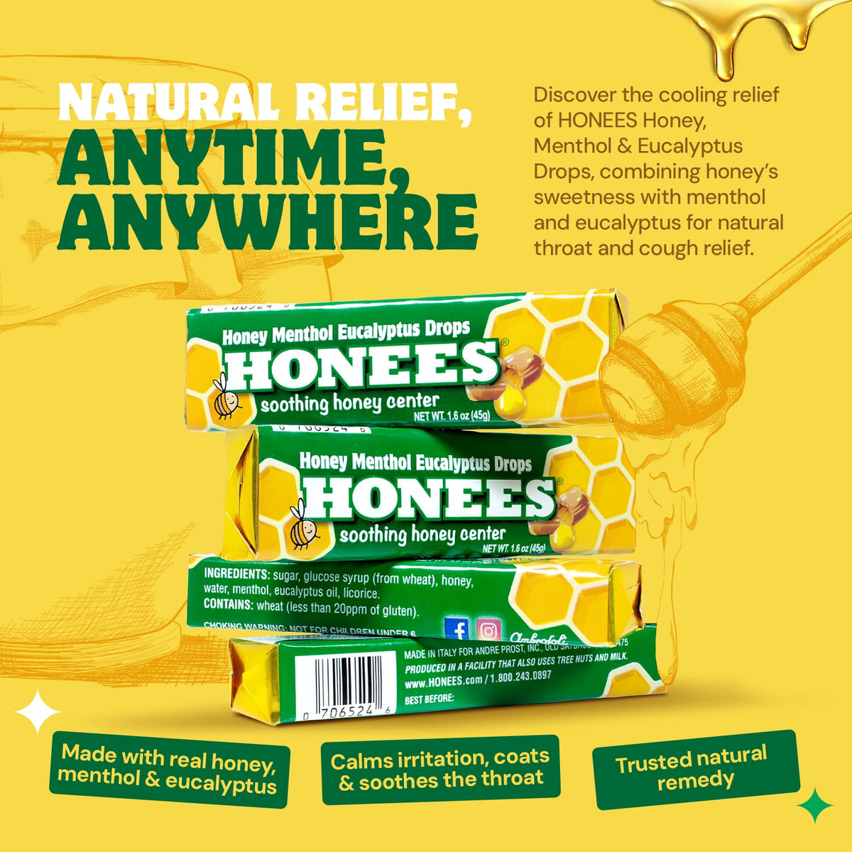 Honees Menthol & Eucalyptus Cough Drops with Honey - 54 Drops - image 2