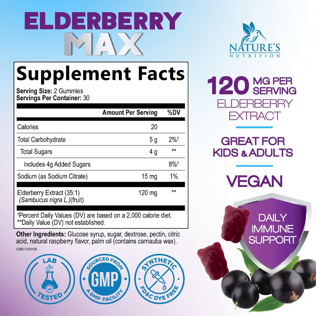 Nature's Nutrition Elderberry Gummies 120mg - 3X Strength Black