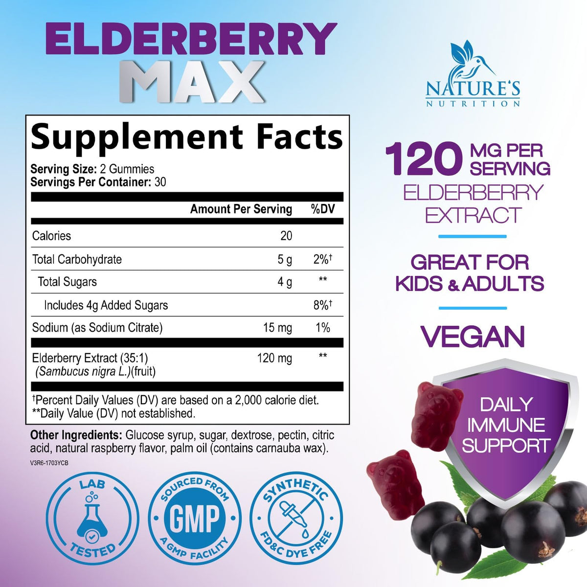 Nature's Nutrition Elderberry Gummies 120mg - 3X Strength Black