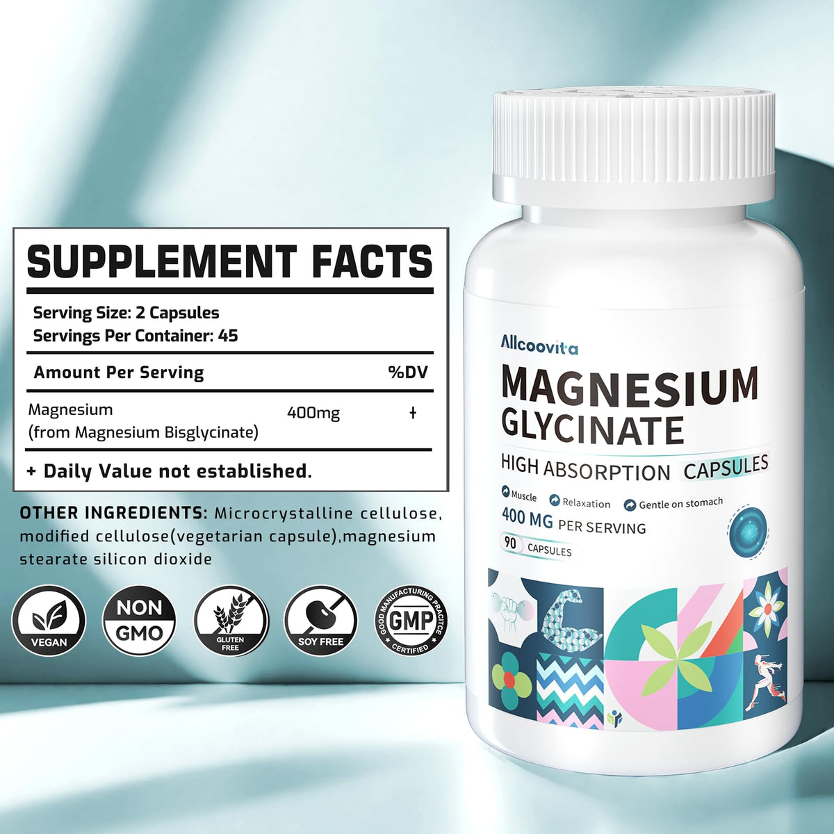 Allcoovita Magnesium Glycinate 400 MG - 90 Vegetarian Capsules - image 2