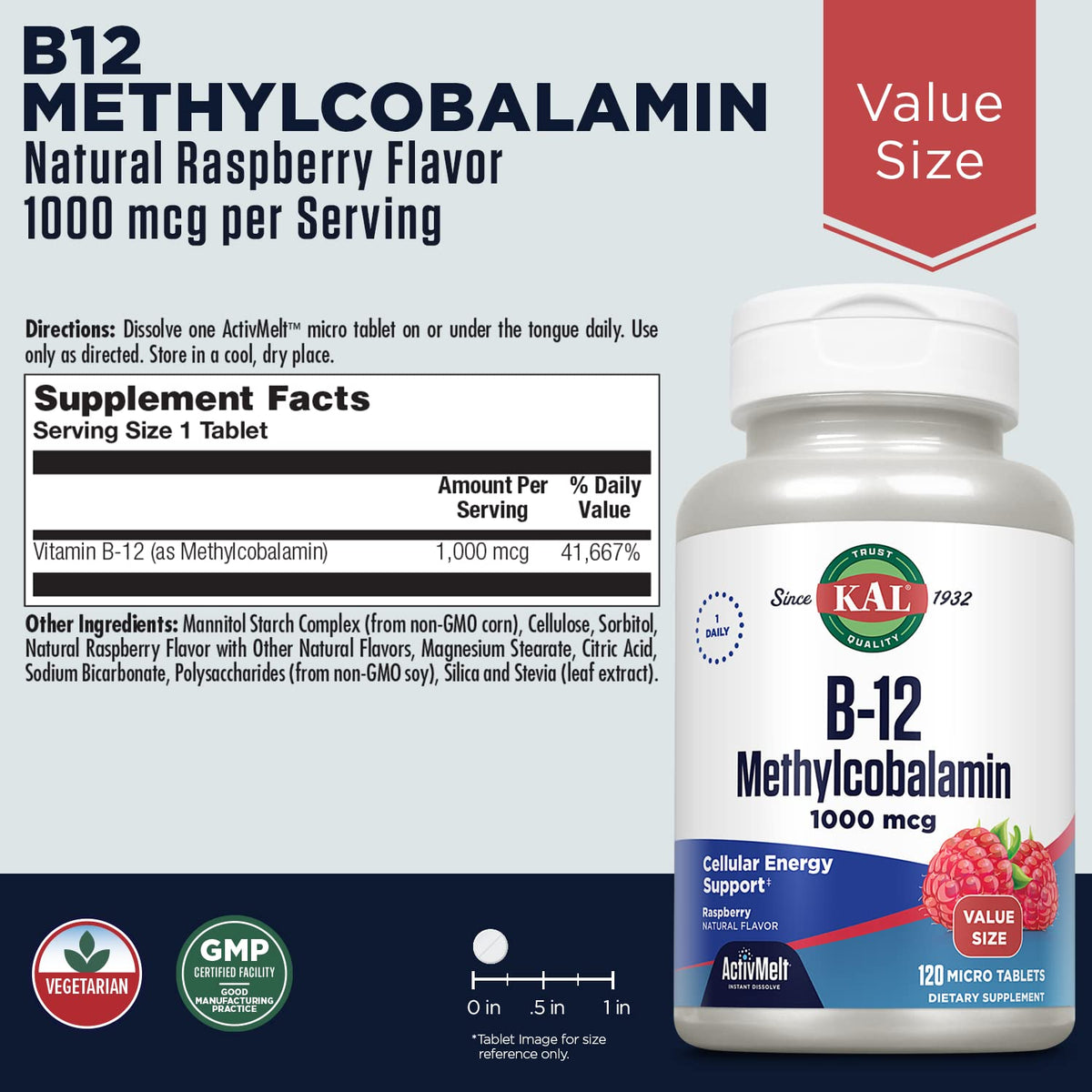 KAL Vitamin B12 Methylcobalamin 1000mcg - 120 Micro Tabs - image 2