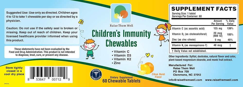 Raise Them Well Kids Immunity Chewable with C, D3, K2 & Zinc - 60 Tablets - image 5