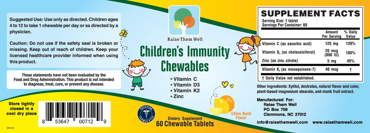 Raise Them Well Kids Immunity Chewable with C, D3, K2 & Zinc - 60 Tablets - image 5