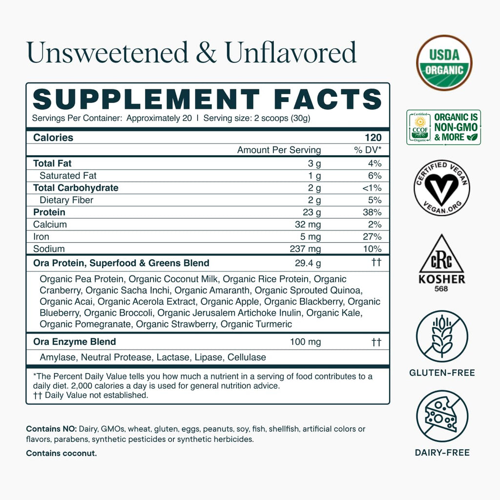 Ora Organic Vegan Protein Powder Unsweetened - 20 Servings - image 9