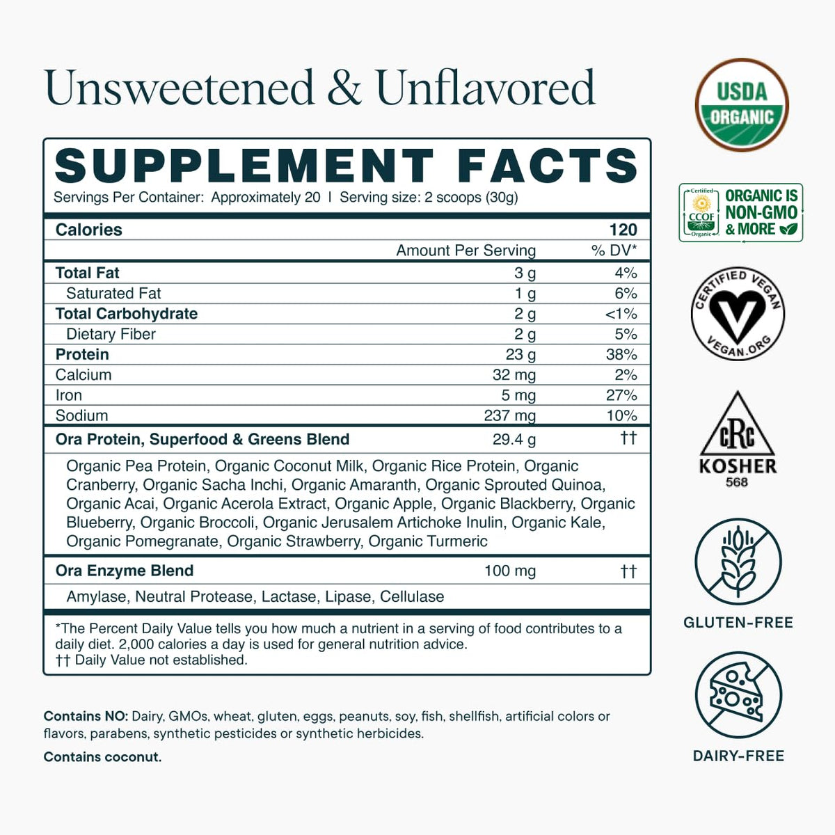 Ora Organic Vegan Protein Powder Unsweetened - 20 Servings - image 9