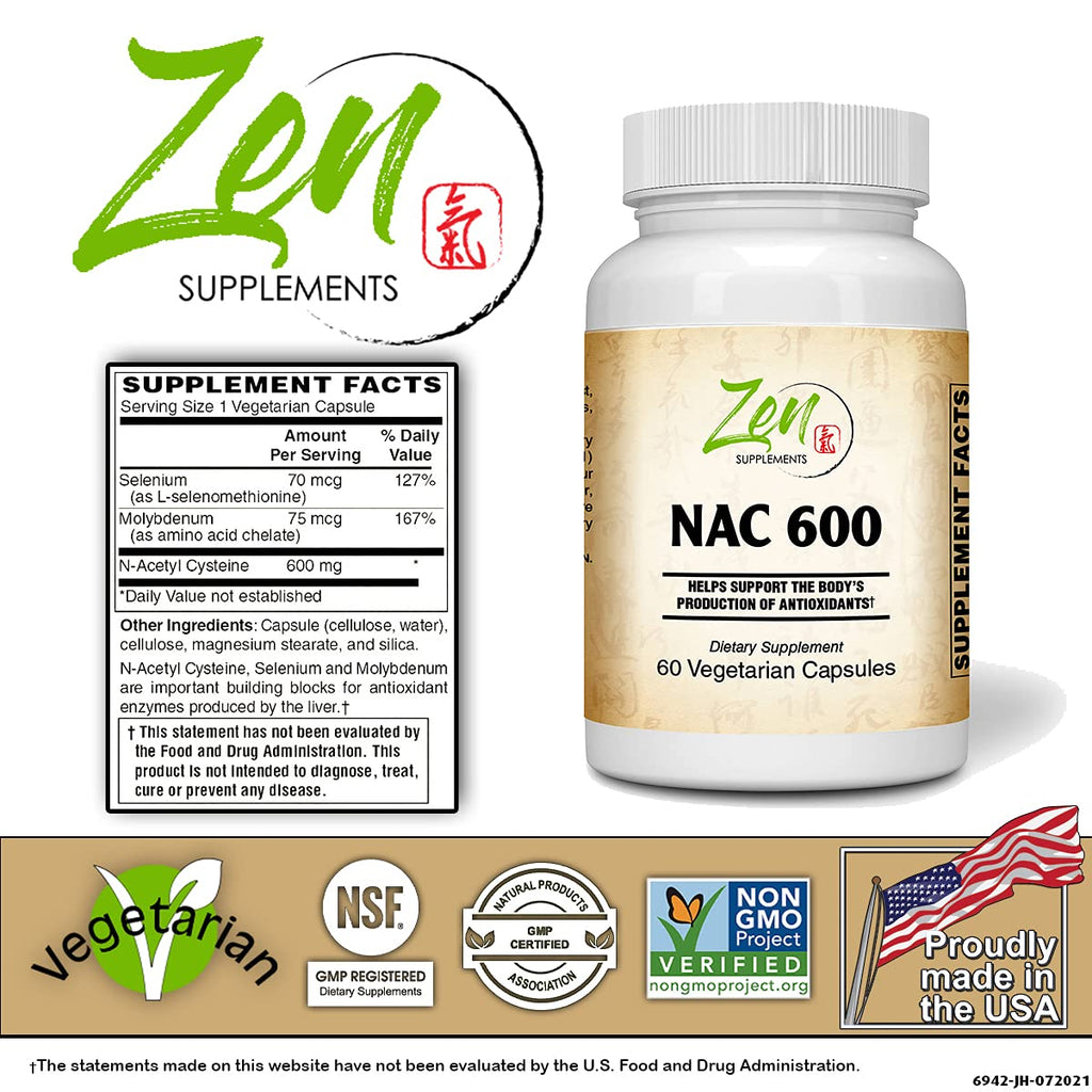 Zen Supplements NAC 600mg with Selenium and Molybdenum - 120 Vegetarian Capsules - image 2
