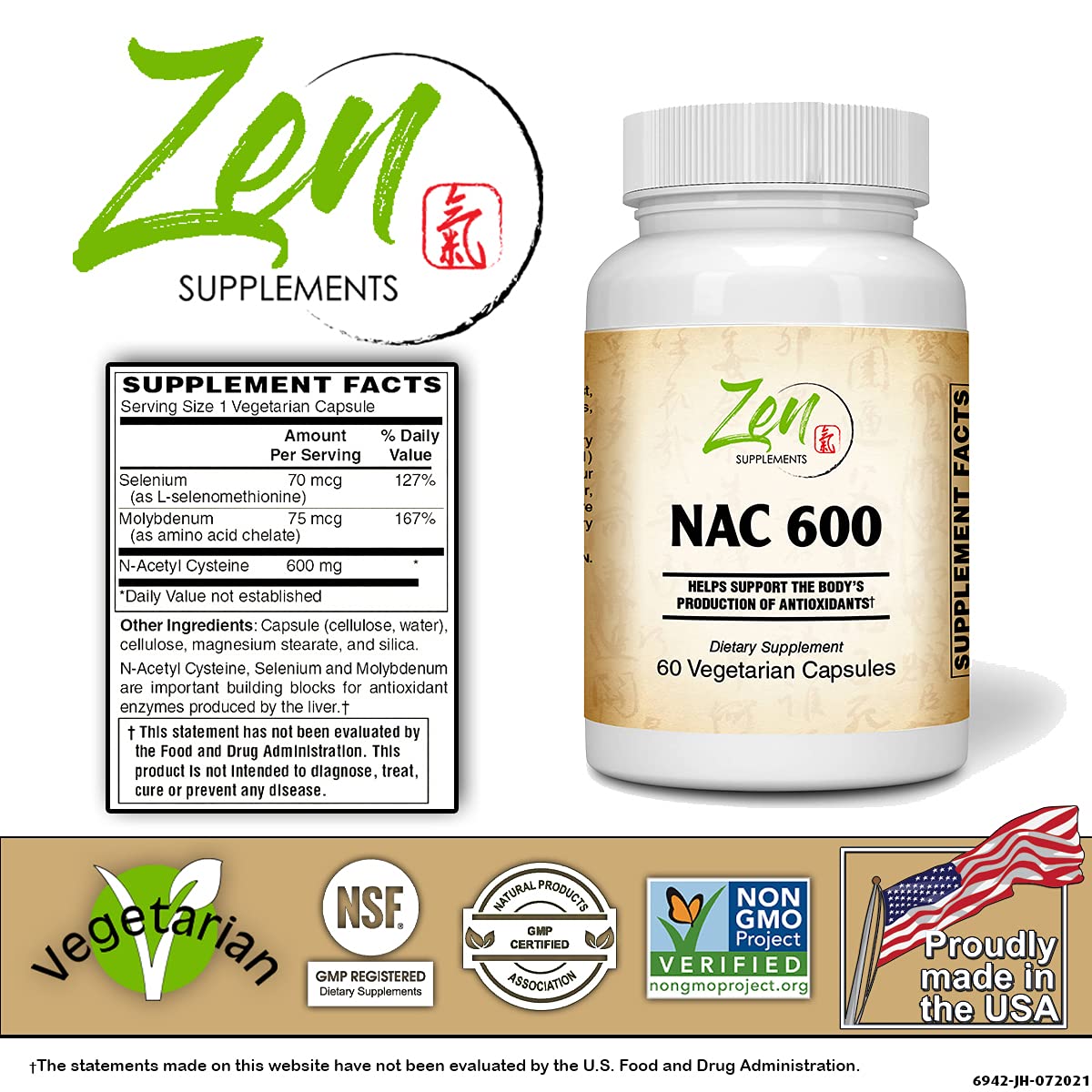 Zen Supplements NAC 600mg with Selenium and Molybdenum - 120 Vegetarian Capsules - image 2