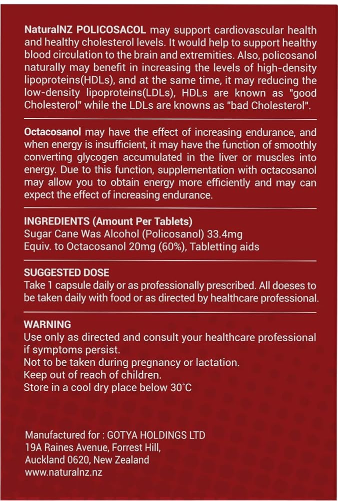 Natural NZ Policosanol 33.4mg (Otacosanol 20mg) 1-A-Day 60 Tablets