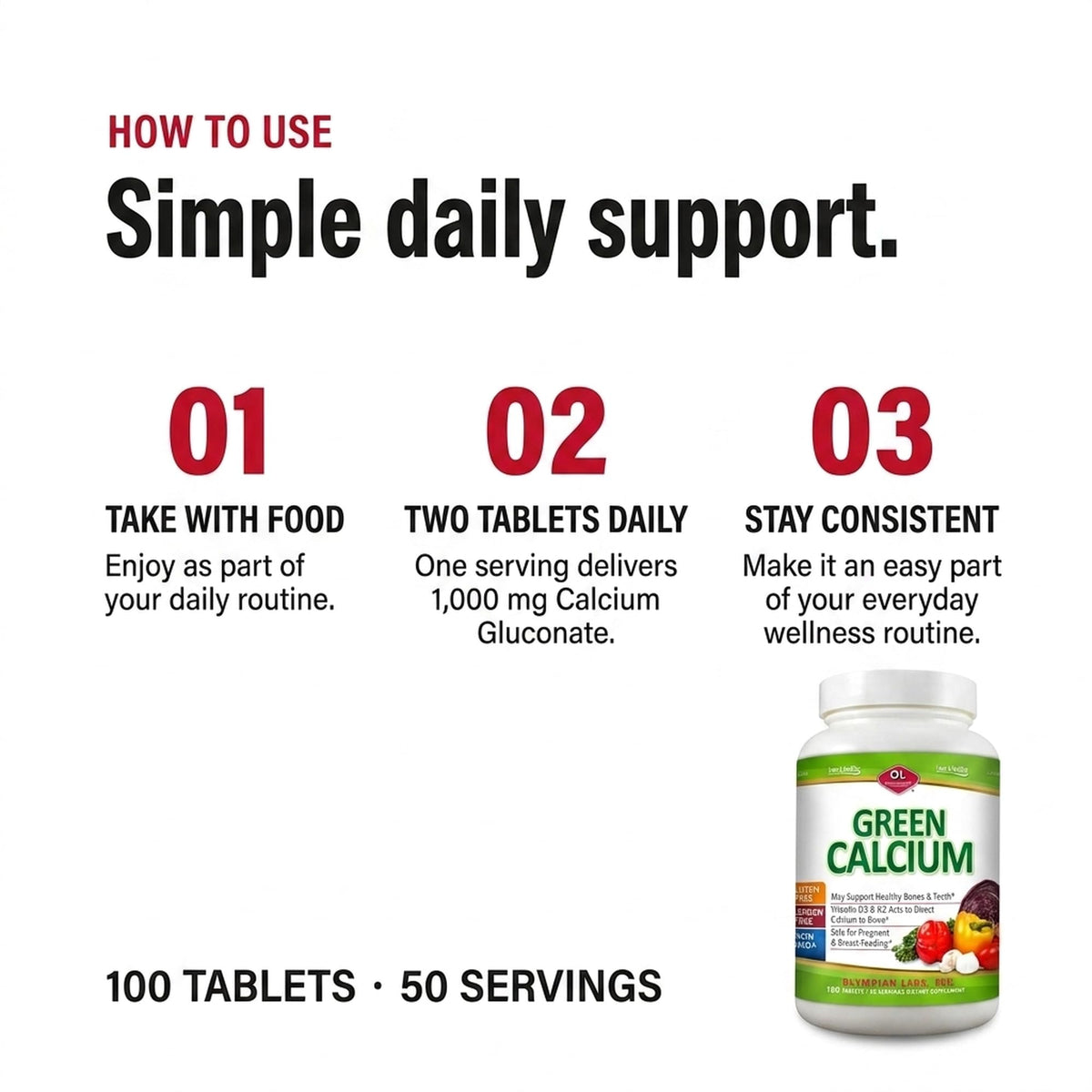 Olympian Labs Calcium Plus Magnesium with Vitamin D3 & K2 - 100 Tablets - image 3