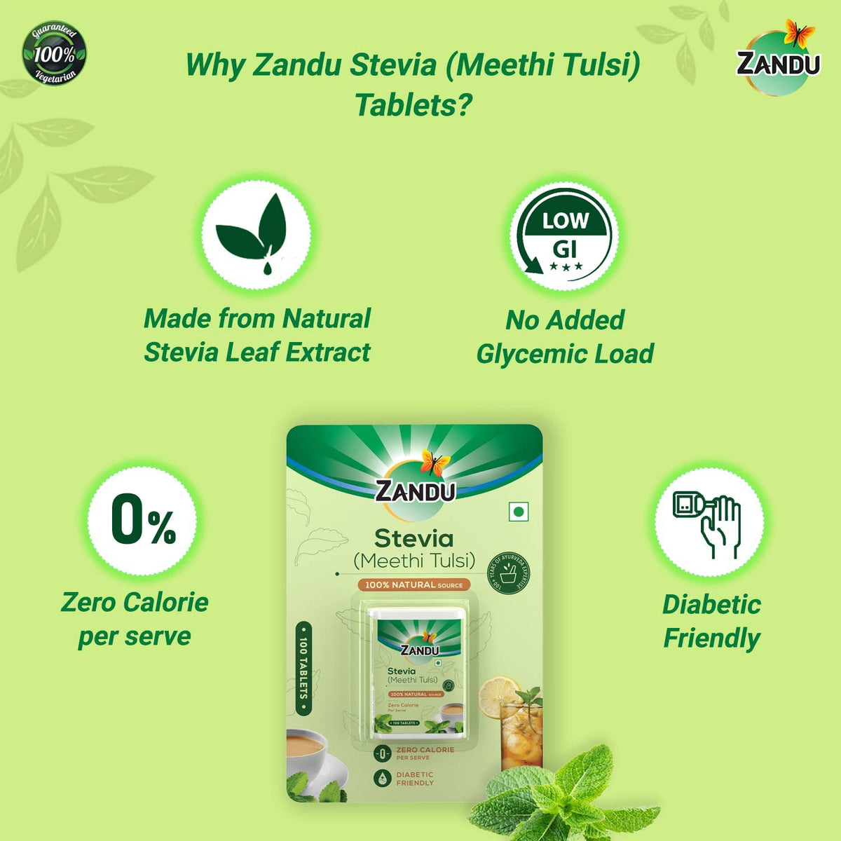 Zandu Stevia Tablets Natural Sweetener - 100 Tablets - image 2