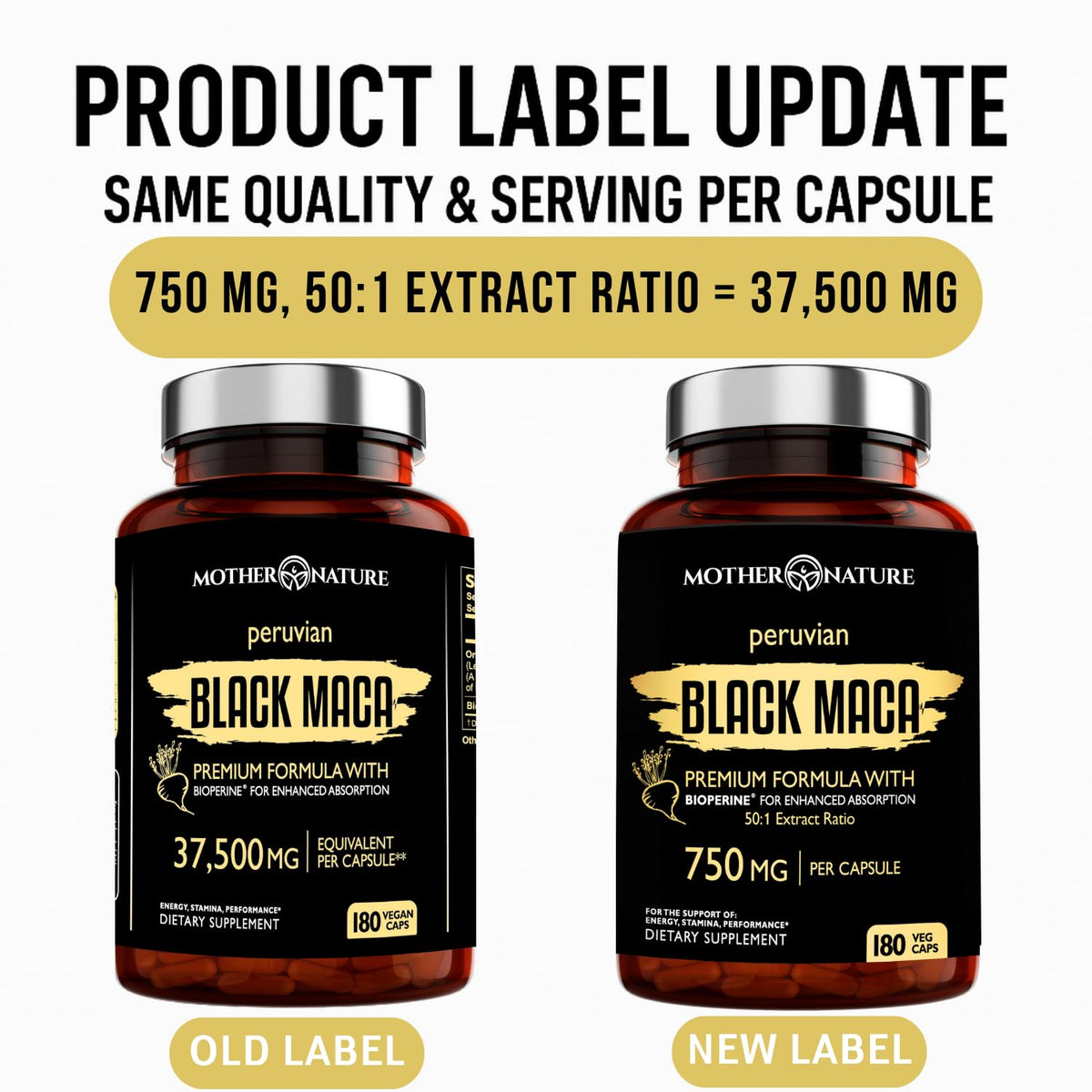 Mother Nature Organics Raw Black Maca 750mg with BioPerine - 180 Capsules - image 2