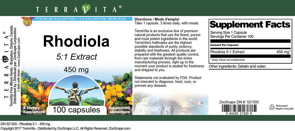 Terravita Rhodiola 5:1 Extract 450 mg - 100 Capsules - image 2