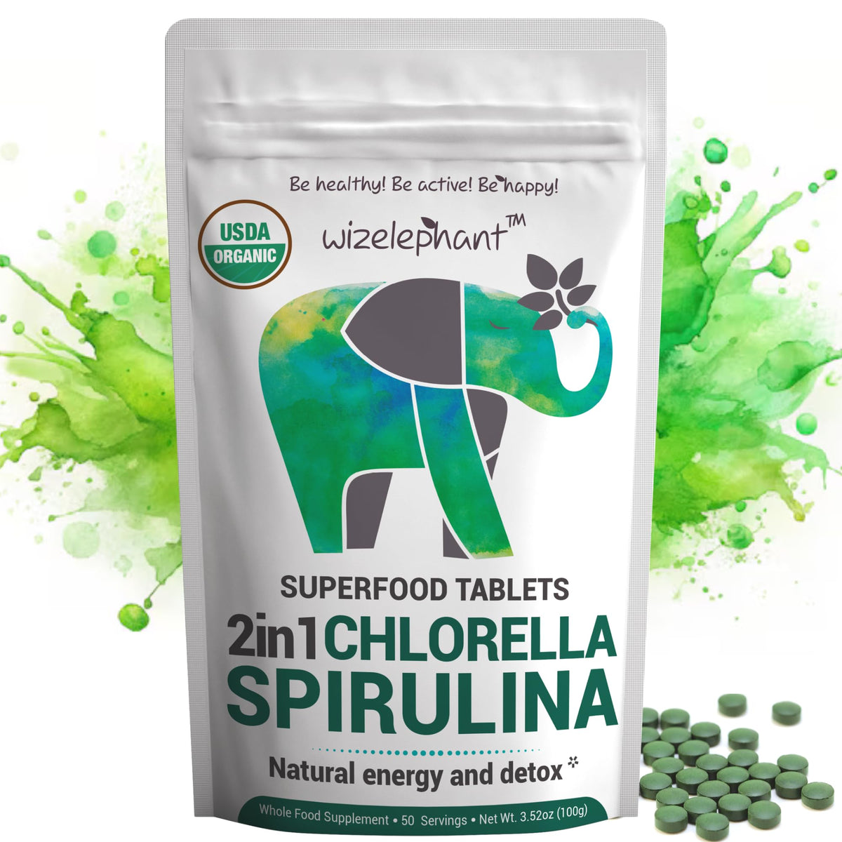 Wizelephant Organic Spirulina Chlorella Tablets - 400 Count