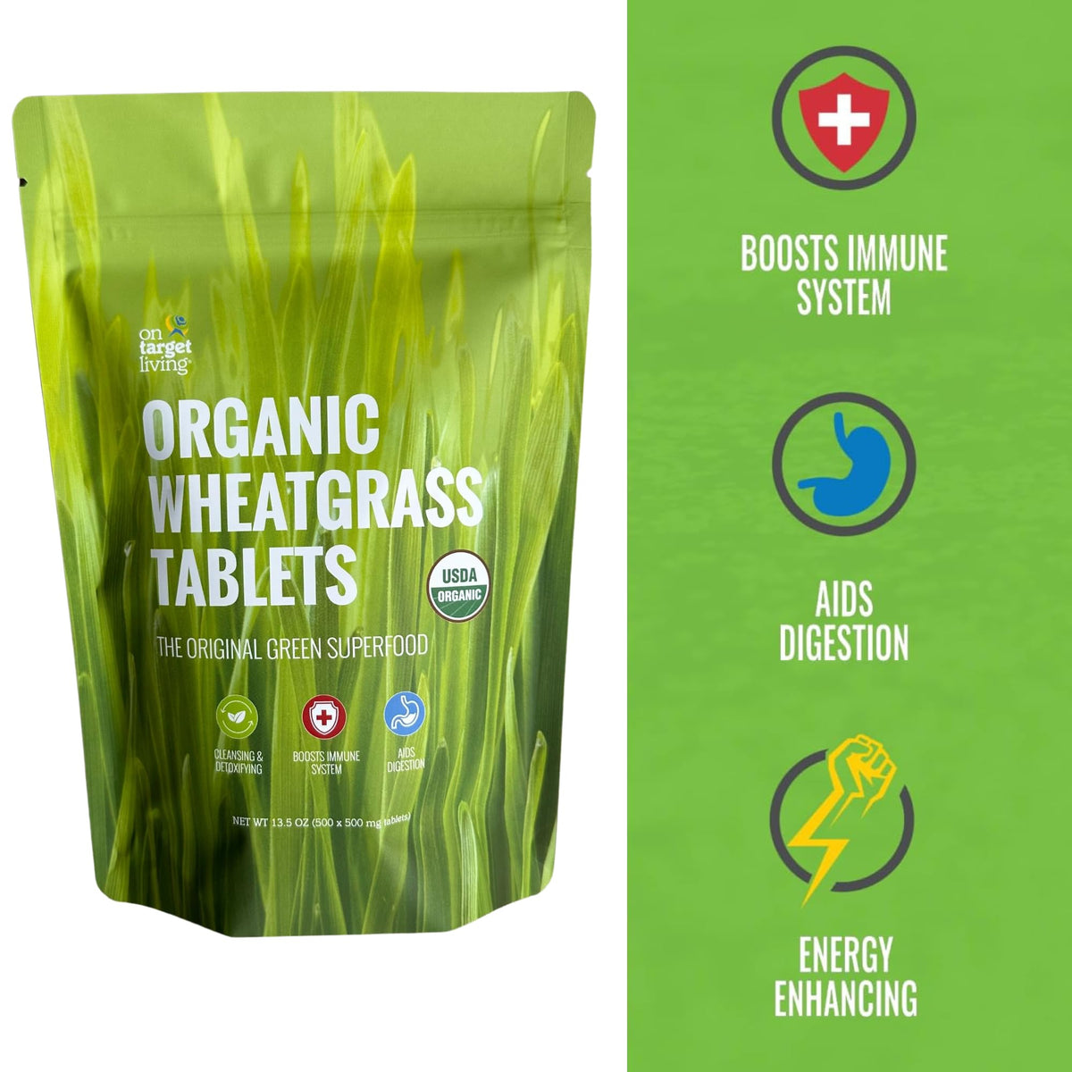 On Target Living Wheatgrass Tablets USDA Organic - 500 Tablets - image 2