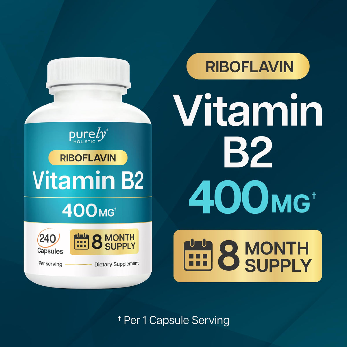 Purely Holistic Vitamin B2 Riboflavin 400mg Energy Support - 240 Capsules - image 2