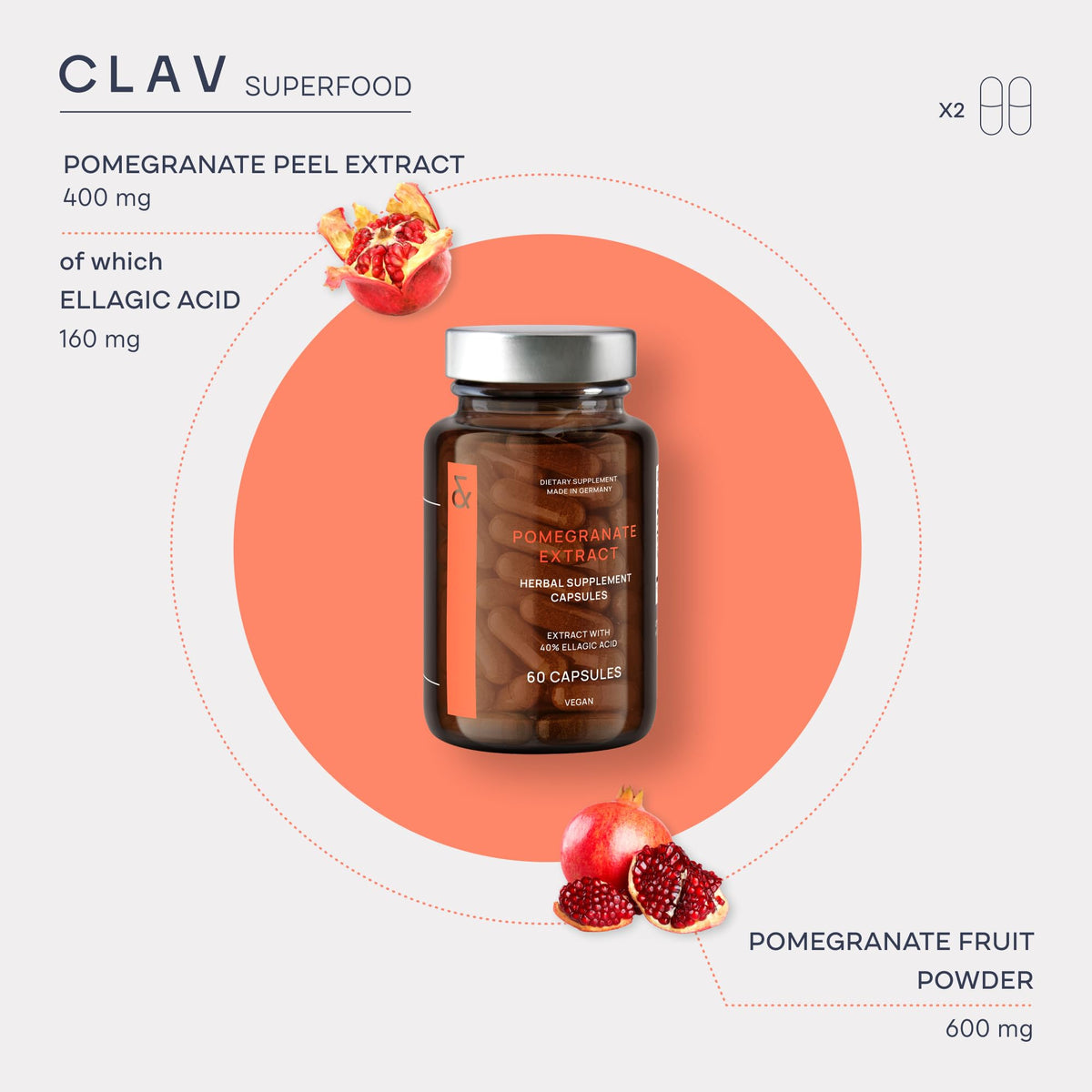 CLAV Pomegranate Extract 1000mg with 40% Ellagic Acid - 60 Capsules - image 4
