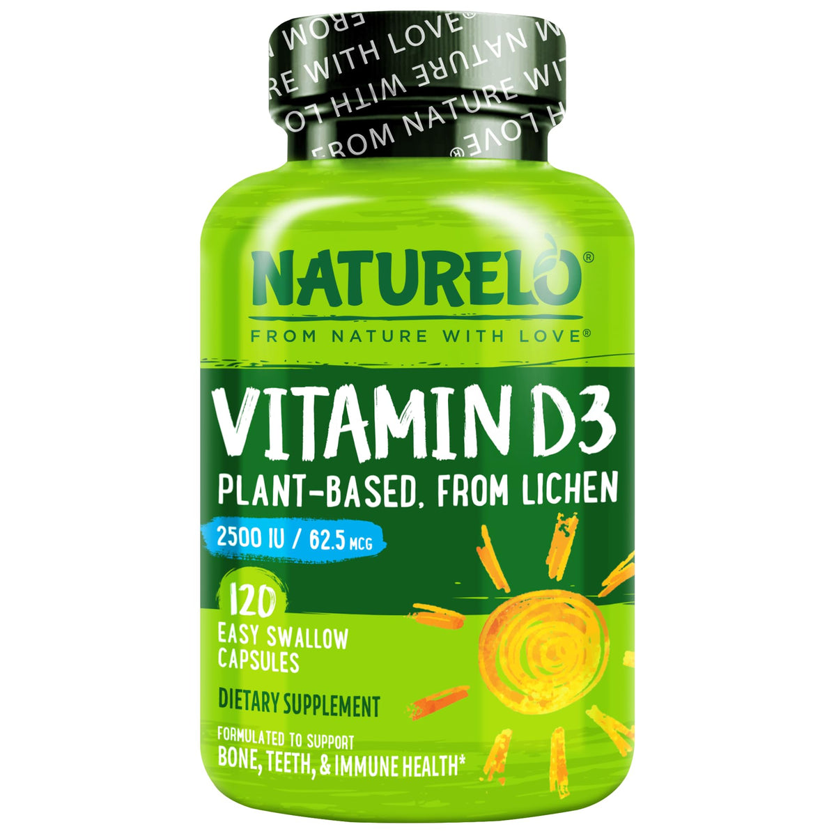 Naturelo Unflavored vitamin D3 Capsules bottle bone