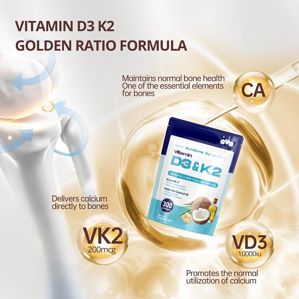 QVQ Vitamin D3 K2, 300 Softgels, Coconut Oil, Gluten-Free, Non-GMO