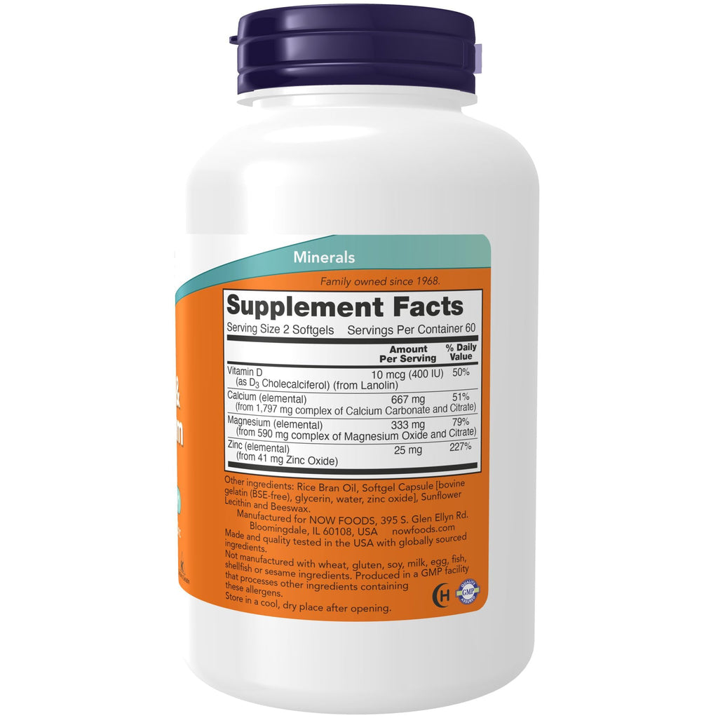 NOW Calcium & Magnesium with D-3 & Zinc - 120 Softgels - image 2