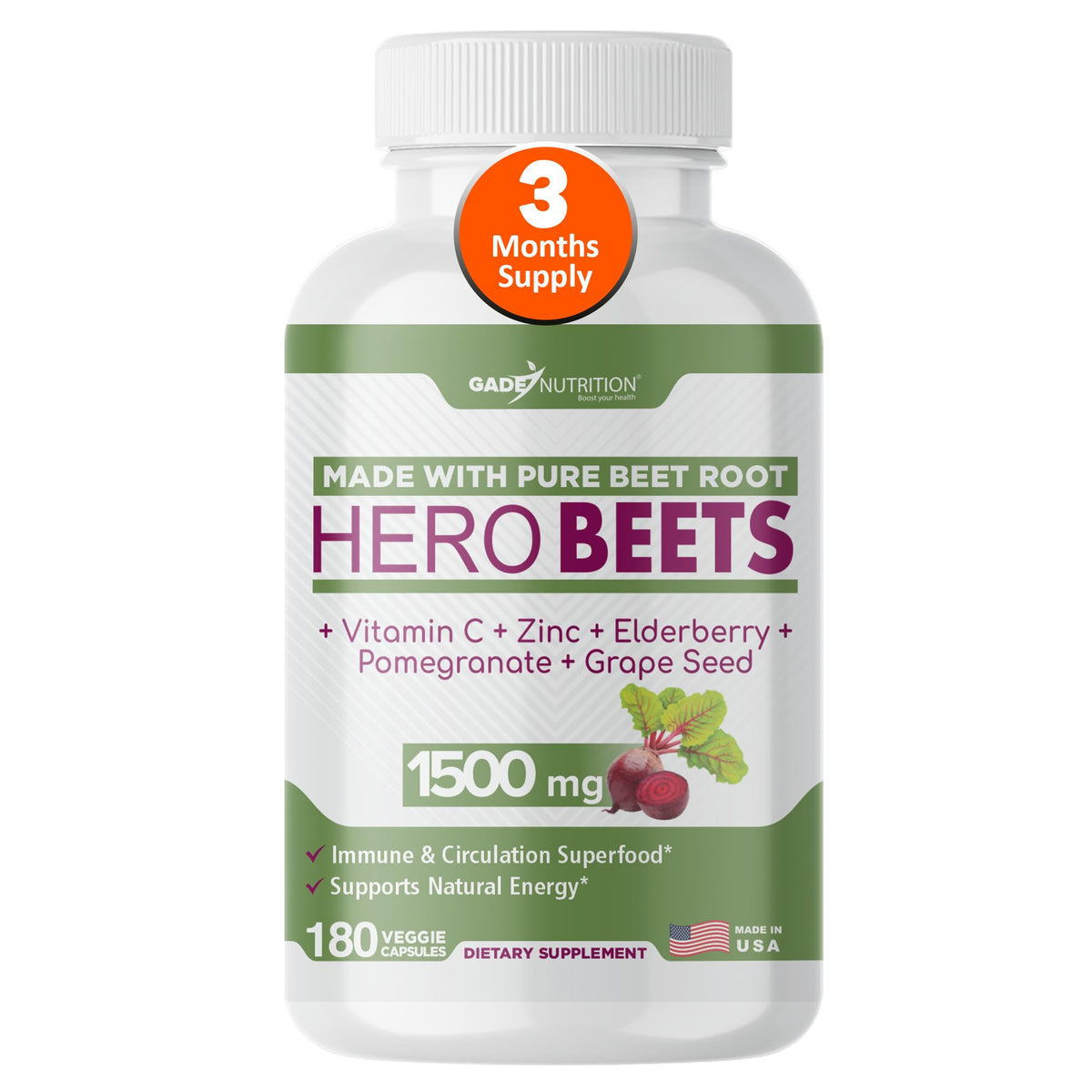 GADE NUTRITION Hero Beets Beet Root Capsules 1500mg - 180 Count