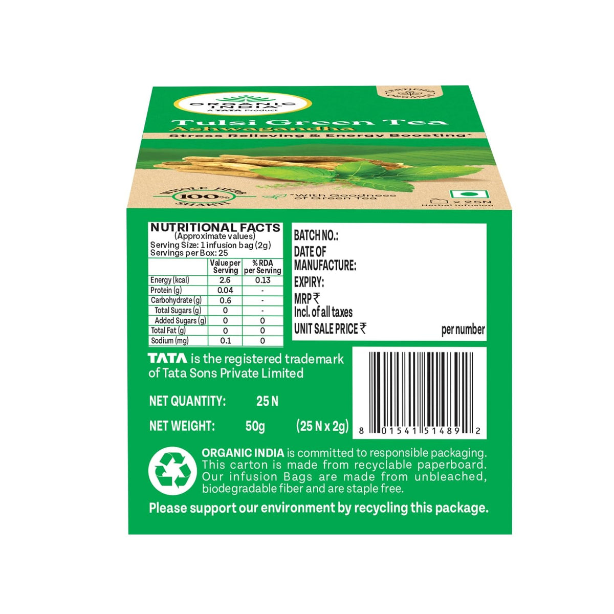 Organic India Tulsi Green Tea with Ashwagandha - 25 Tea Bags - image 3