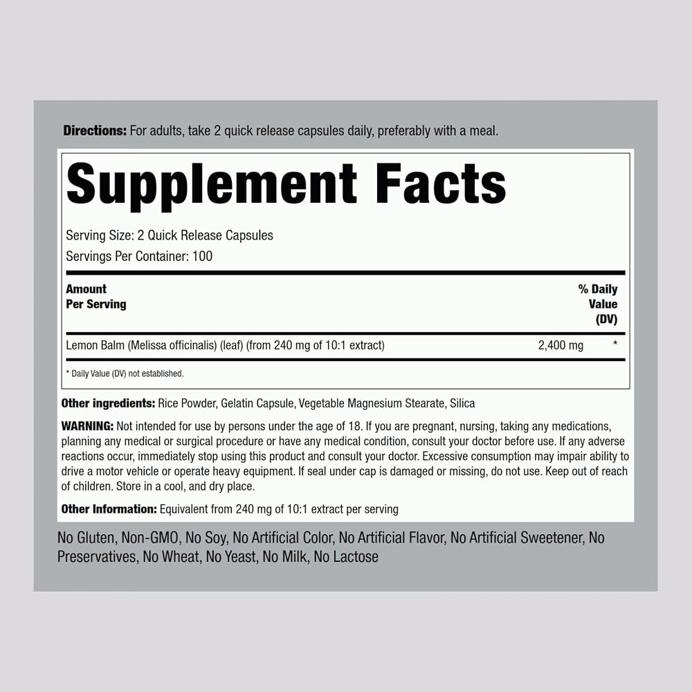 Piping Rock Lemon Balm Extract - 200 Capsules - image 2