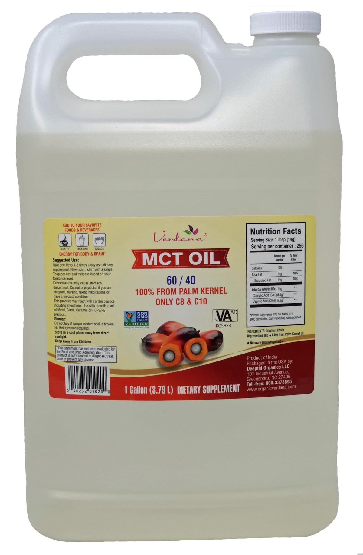 Verdana Food Grade MCT Oil C8/C10 for Energy - 128 Fl Oz