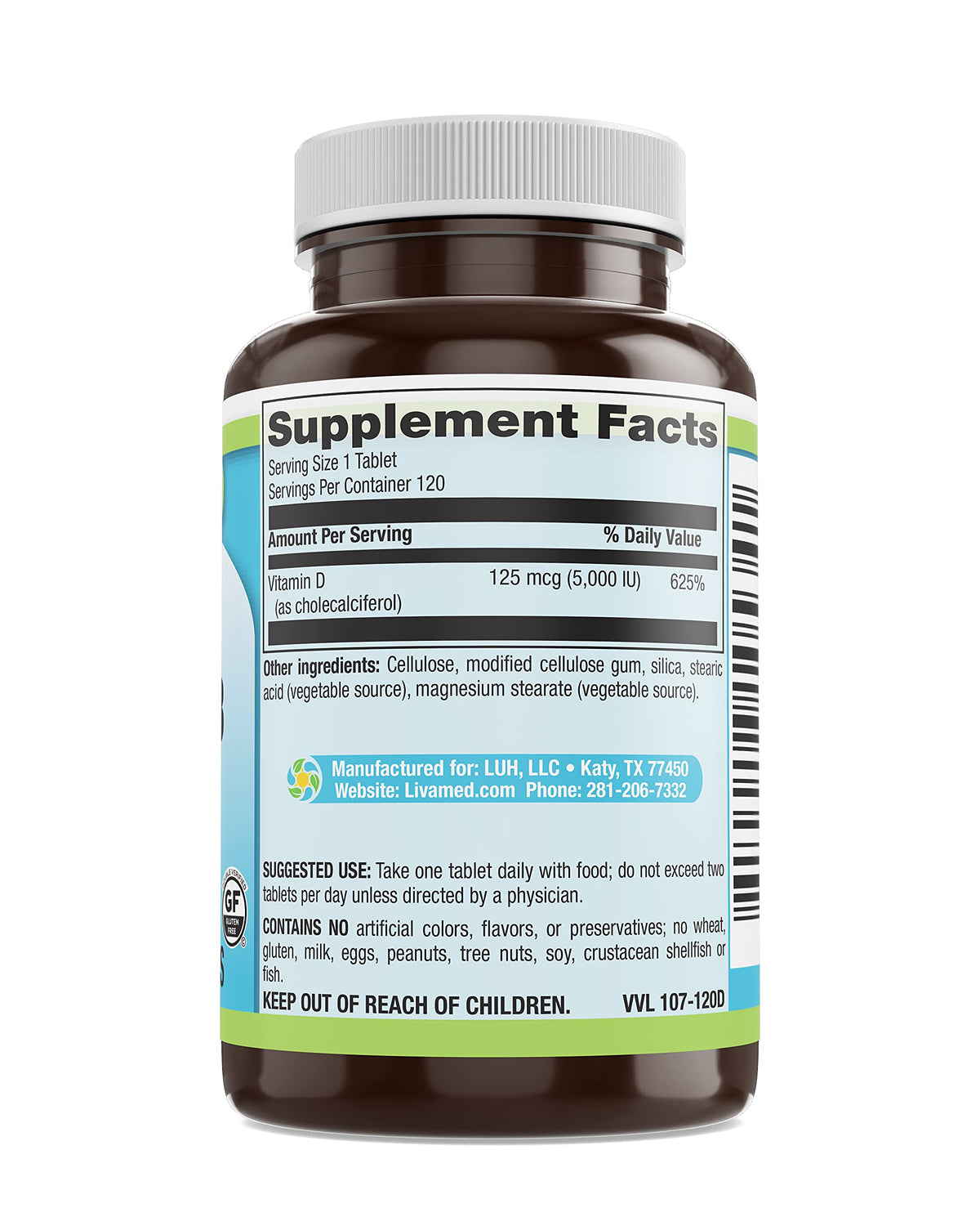 Livamed Vitamin D3 5,000 IU - 120 Tablets - image 3