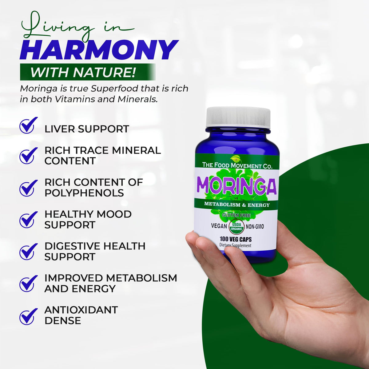 THE FOOD MOVEMENT CO. Moringa Organic Superfood - 100 Vegan Capsules - image 5
