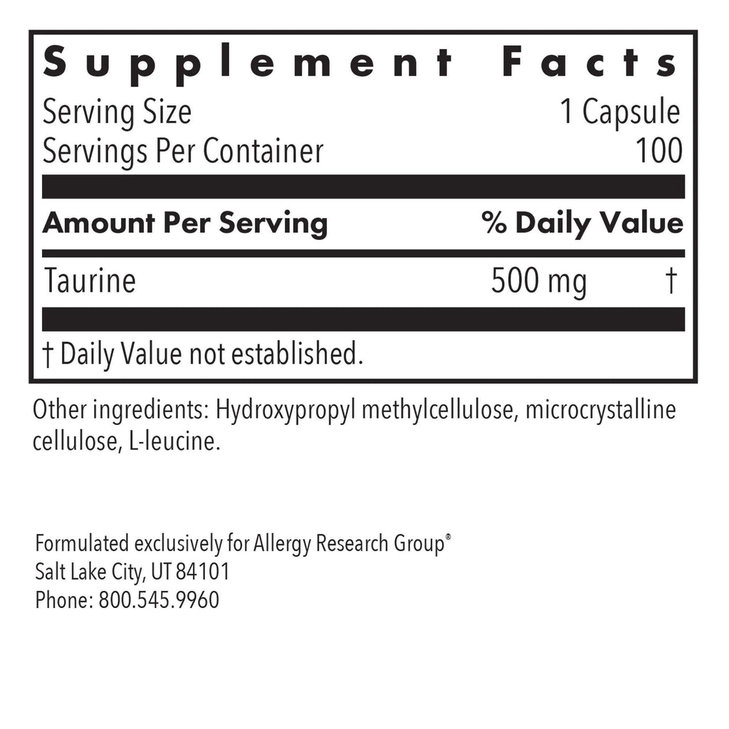 Allergy Research Group Taurine 500 mg Amino Acid - 100 Capsules - image 2