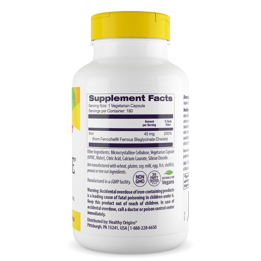 Healthy Origins Iron Ease Ferrochel 45 mg - 180 Vegetarian Capsules - image 2