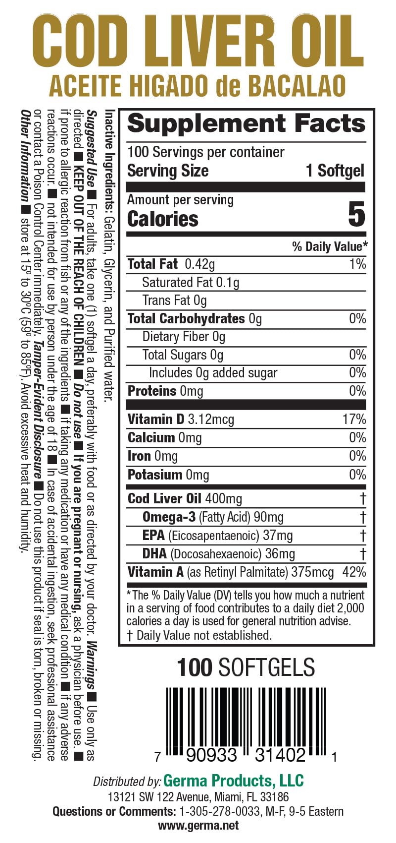 Germa Cod Liver Oil Natural Dietary Supplement - 100 Capsules - image 4