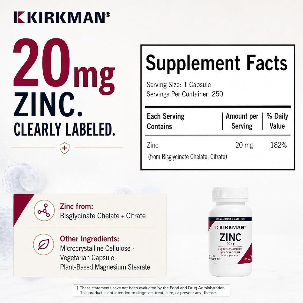 Kirkman Zinc 20 mg Hypoallergenic Mineral Supplement - 250 Vegetarian Capsules - image 5