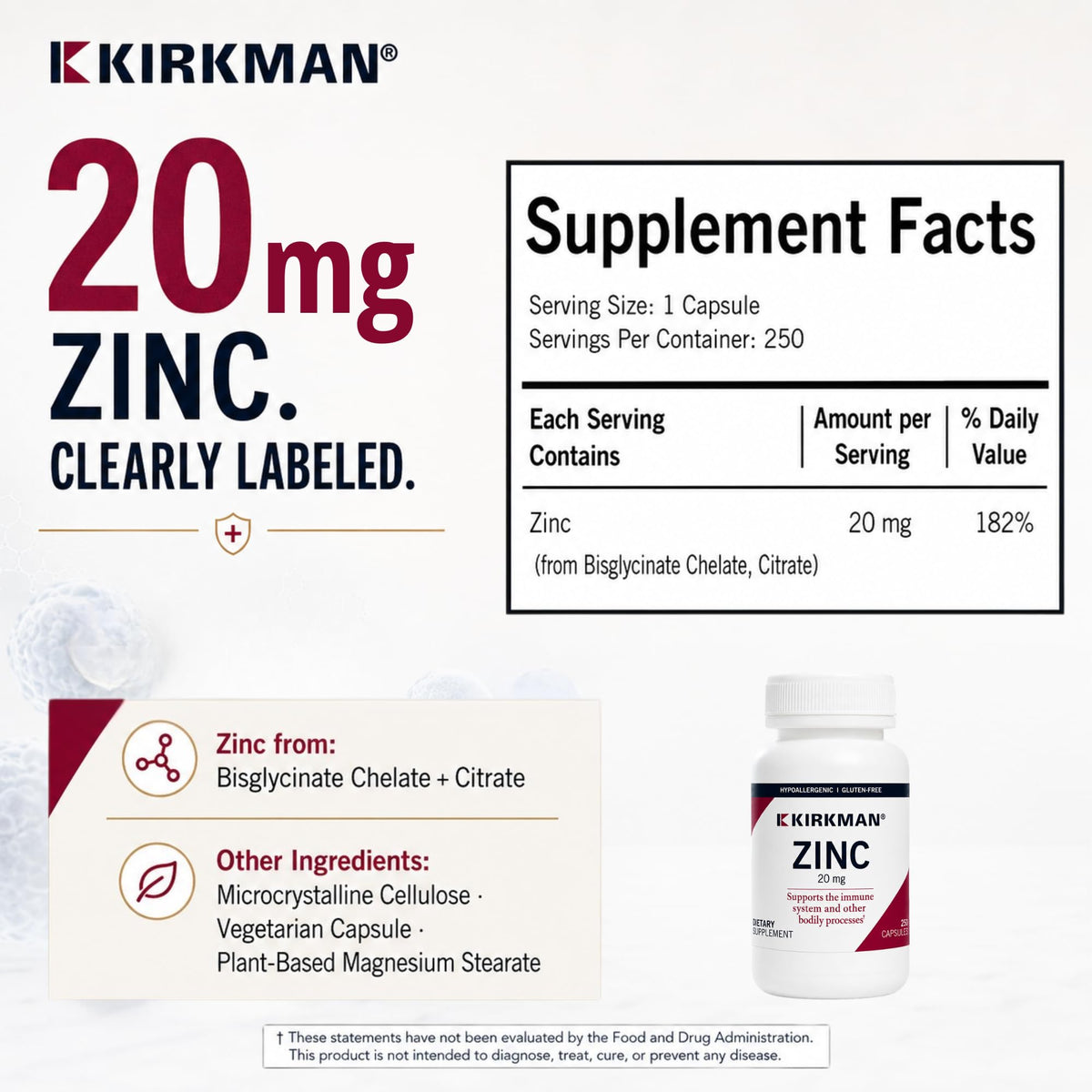 Kirkman Zinc 20 mg Hypoallergenic Mineral Supplement - 250 Vegetarian Capsules - image 5