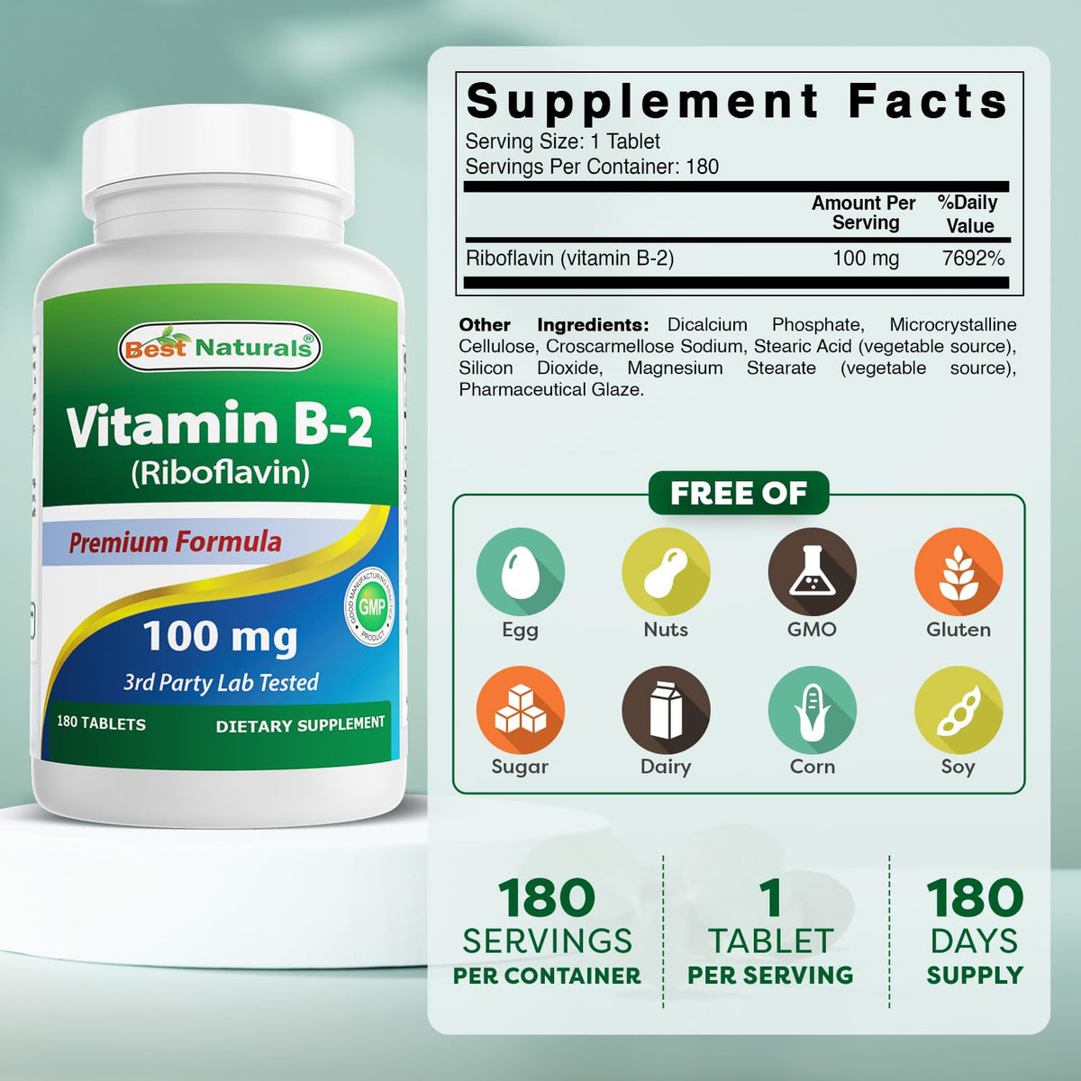 Best Naturals Vitamin B2 (Riboflavin) 100 mg - 180 Tablets - image 2
