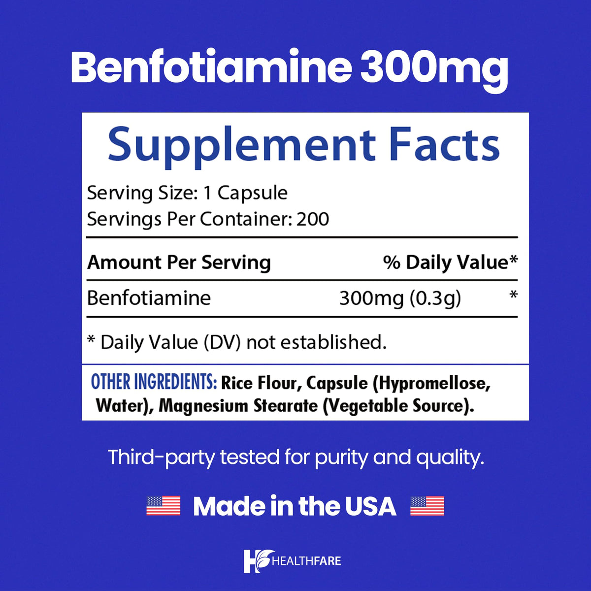 Healthfare Benfotiamine 300mg Vitamin B1 - 200 Vegetarian Capsules - image 3