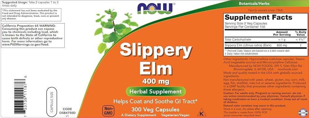 NOW Foods Slippery Elm 400 mg - 300 Vegetarian Capsules - image 4