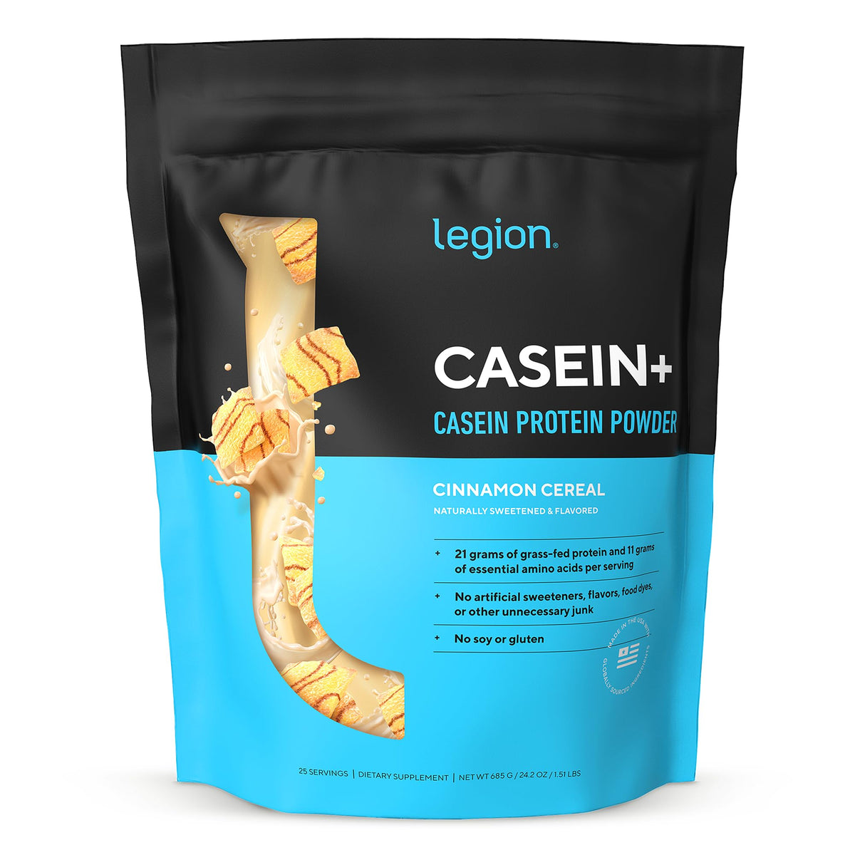 Legion Casein+ Micellar Casein Protein Powder Cinnamon Cereal - 24.2 oz