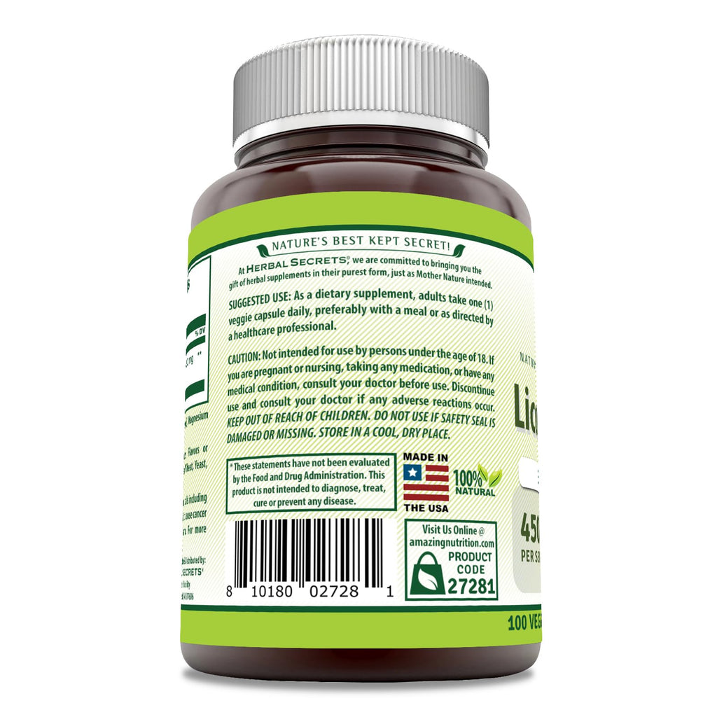 Herbal Secrets Licorice Root 450 Mg - 100 Vegetarian Capsules - image 3