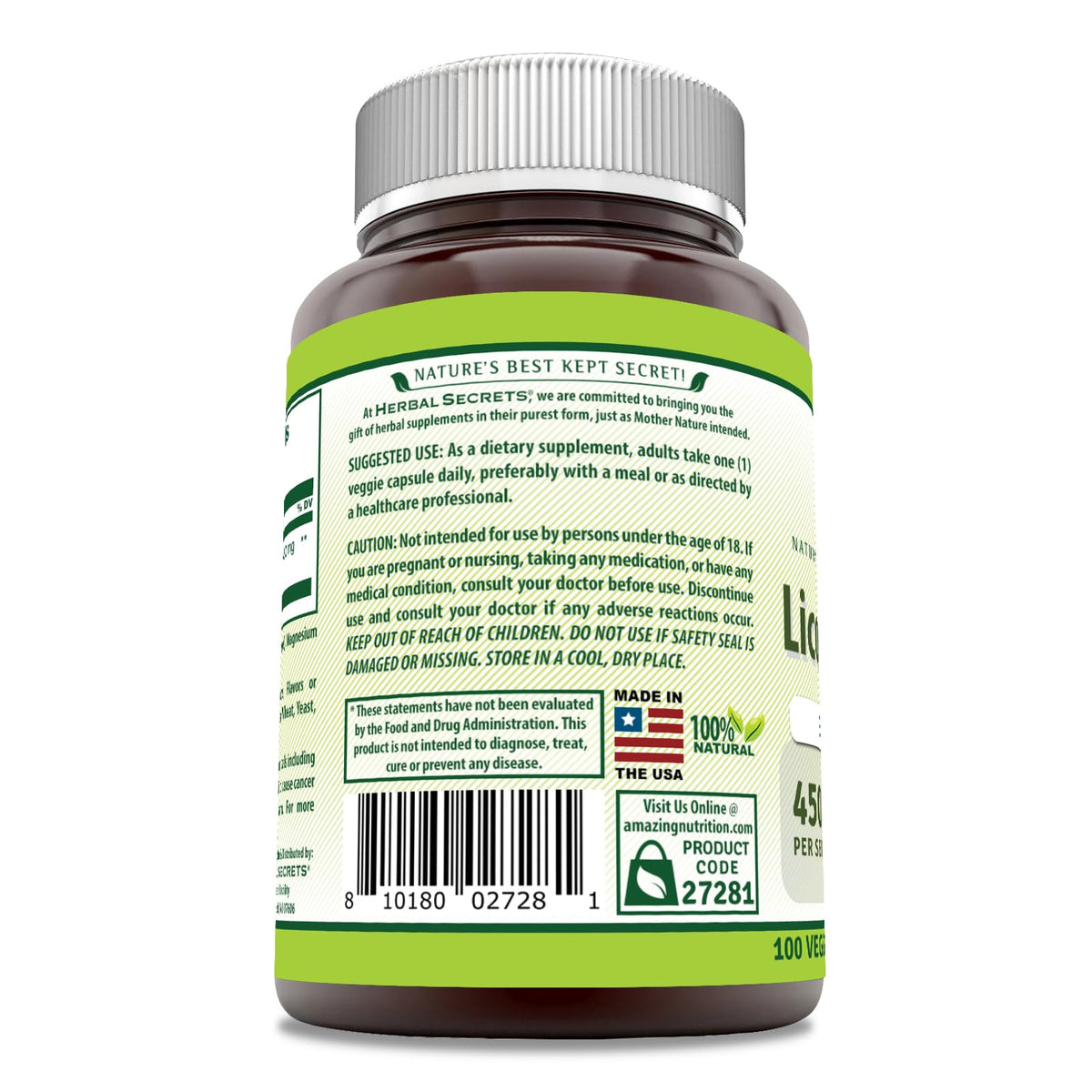 Herbal Secrets Licorice Root 450 Mg - 100 Vegetarian Capsules - image 3
