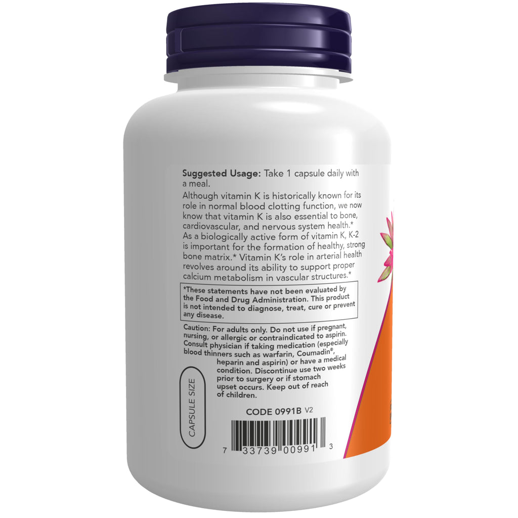 NOW Vitamin K-2 100 mcg Menaquinone-4 - 250 Vegetarian Capsules - image 3