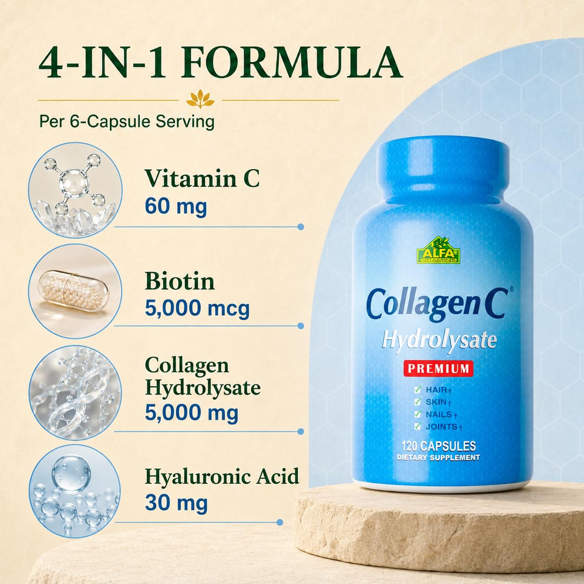 ALFA VITAMINS CollagenC Hydrolysate Collagen Peptides - 120 Capsules - image 2