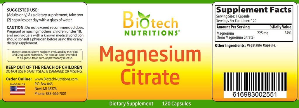 Biotech Nutritions Magnesium Citrate 225 mg - 120 Vegetarian Capsules - image 2