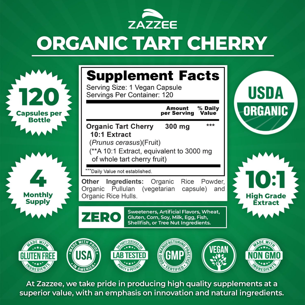Zazzee USDA Organic Tart Cherry 10:1 Extract - 120 Capsules - image 3