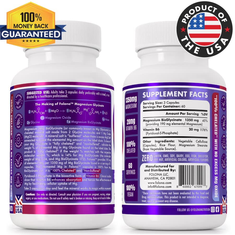 FOLONA Magnesium Glycinate with Vitamin B6 - 180 Capsules - image 2