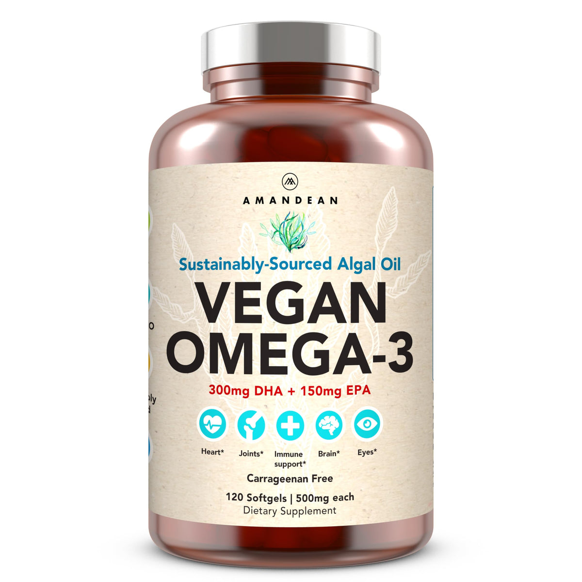 AMANDEAN Vegan Omega-3 Algal Oil DHA EPA Softgels - 120 Count